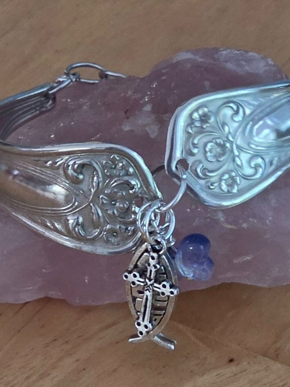 Antique spoon bangle bracelet - Christian themed - Jesus - Cross